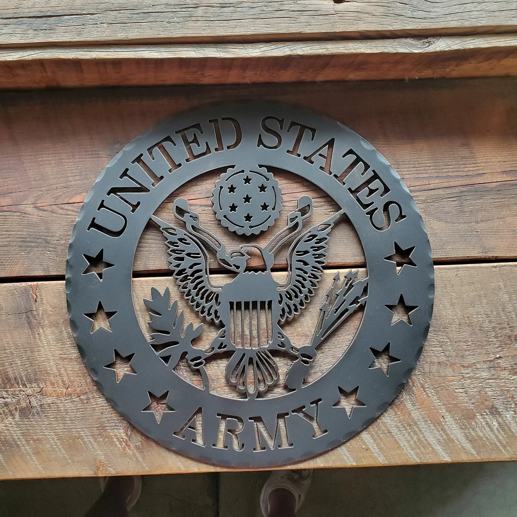 United States Army emblem made of iron, showcasing national pride and tradition