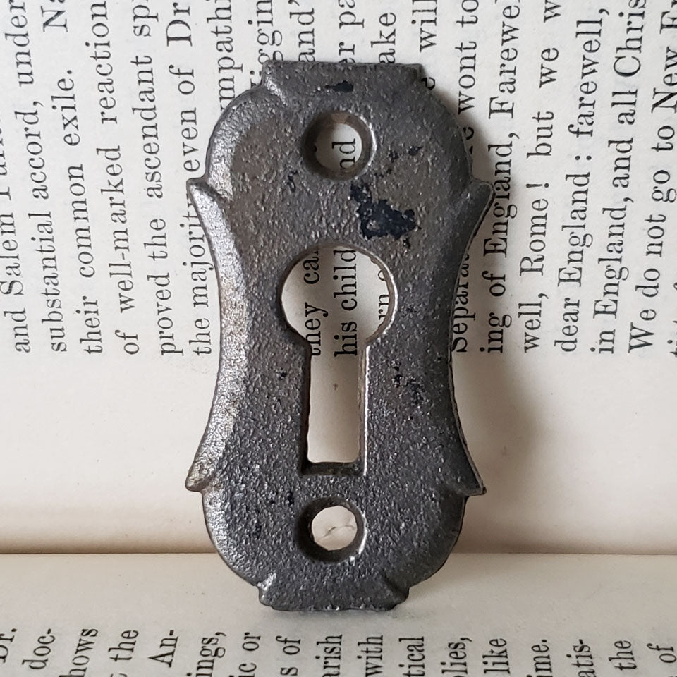 Vintage escutcheon plate on antique book page, showcasing detailed ironwork design