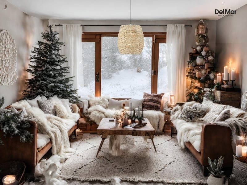 Cozy winter living room with festive decor, soft textiles, and a decorated Christmas tree