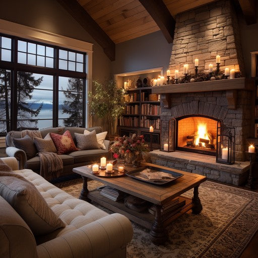 Cozy living room with stone fireplace, warm candles, and inviting decor for winter comfort