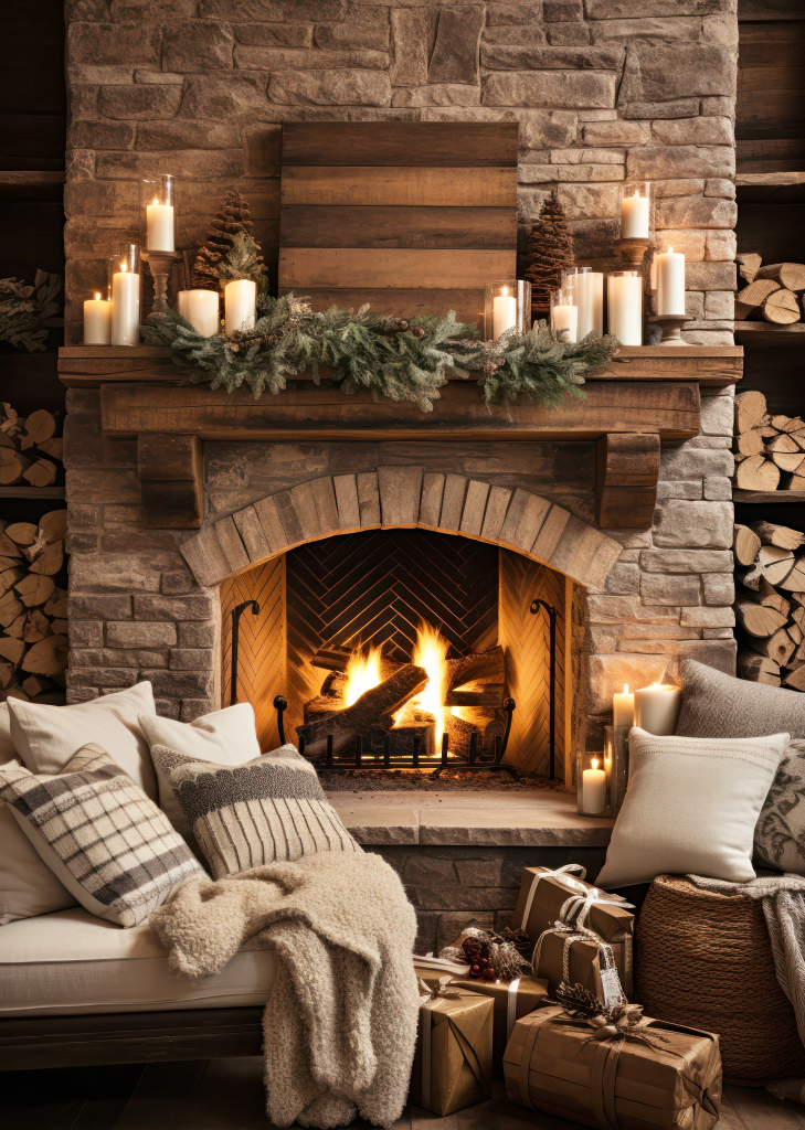 Cozy fireplace adorned with candles, pinecones, and wrapped gifts in a warm living room setting