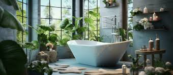 modern bathroom with large tub, lush plants, and natural light creating a spa-like ambiance