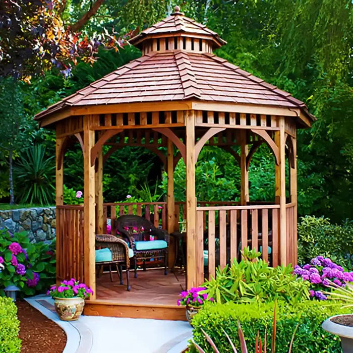 wooden gazebo surrounded by vibrant flowers and lush greenery in a serene garden setting
