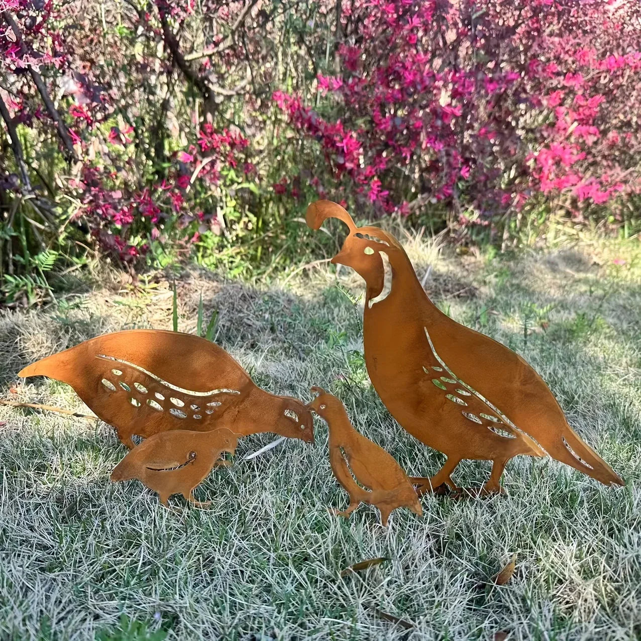 Rustic Quail Family Yard Stakes - Old West Iron