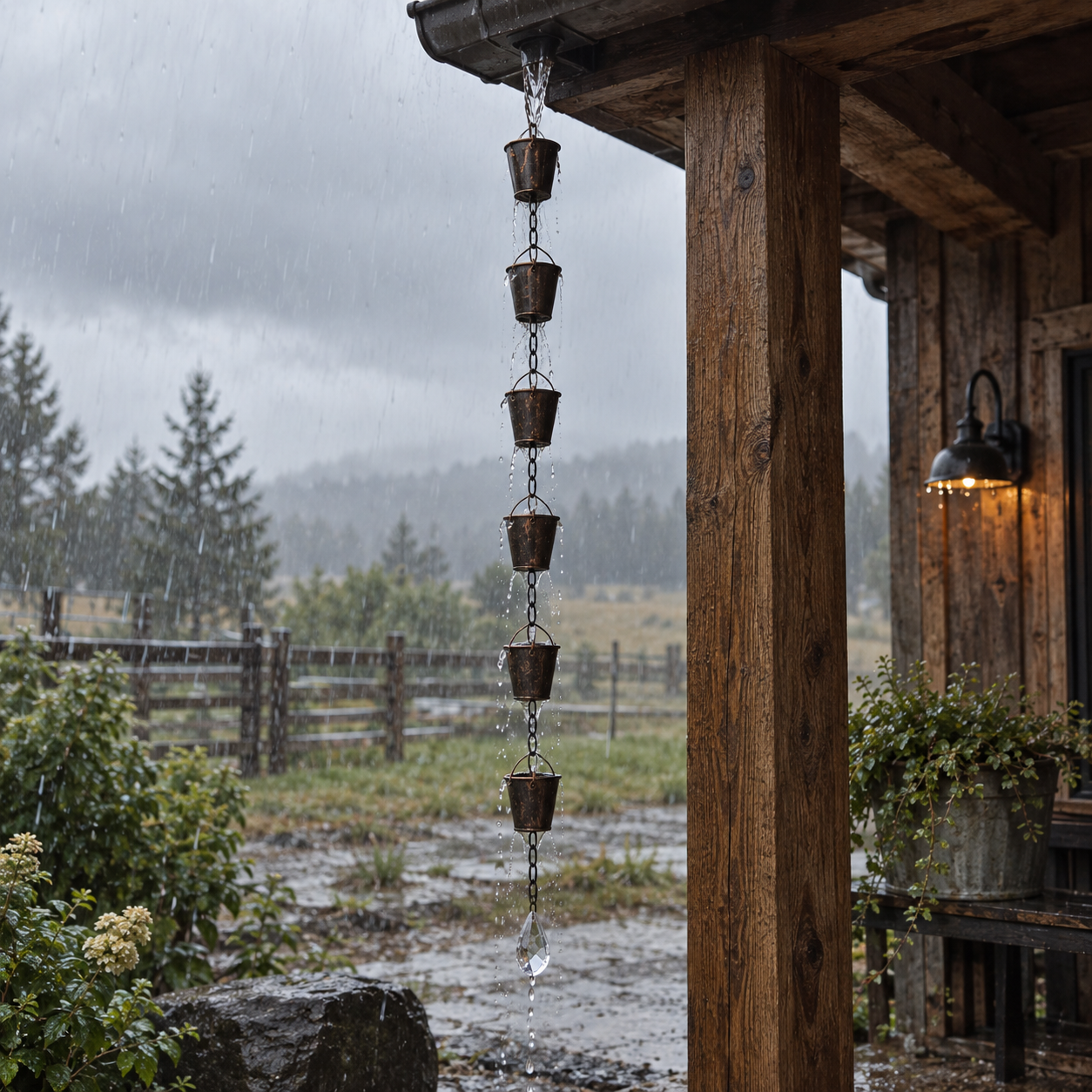Antique Bronze Bucket Rain Chain with Crystal Suncatcher – 65"