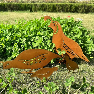 Rustic Quail Family Yard Stakes - Old West Iron