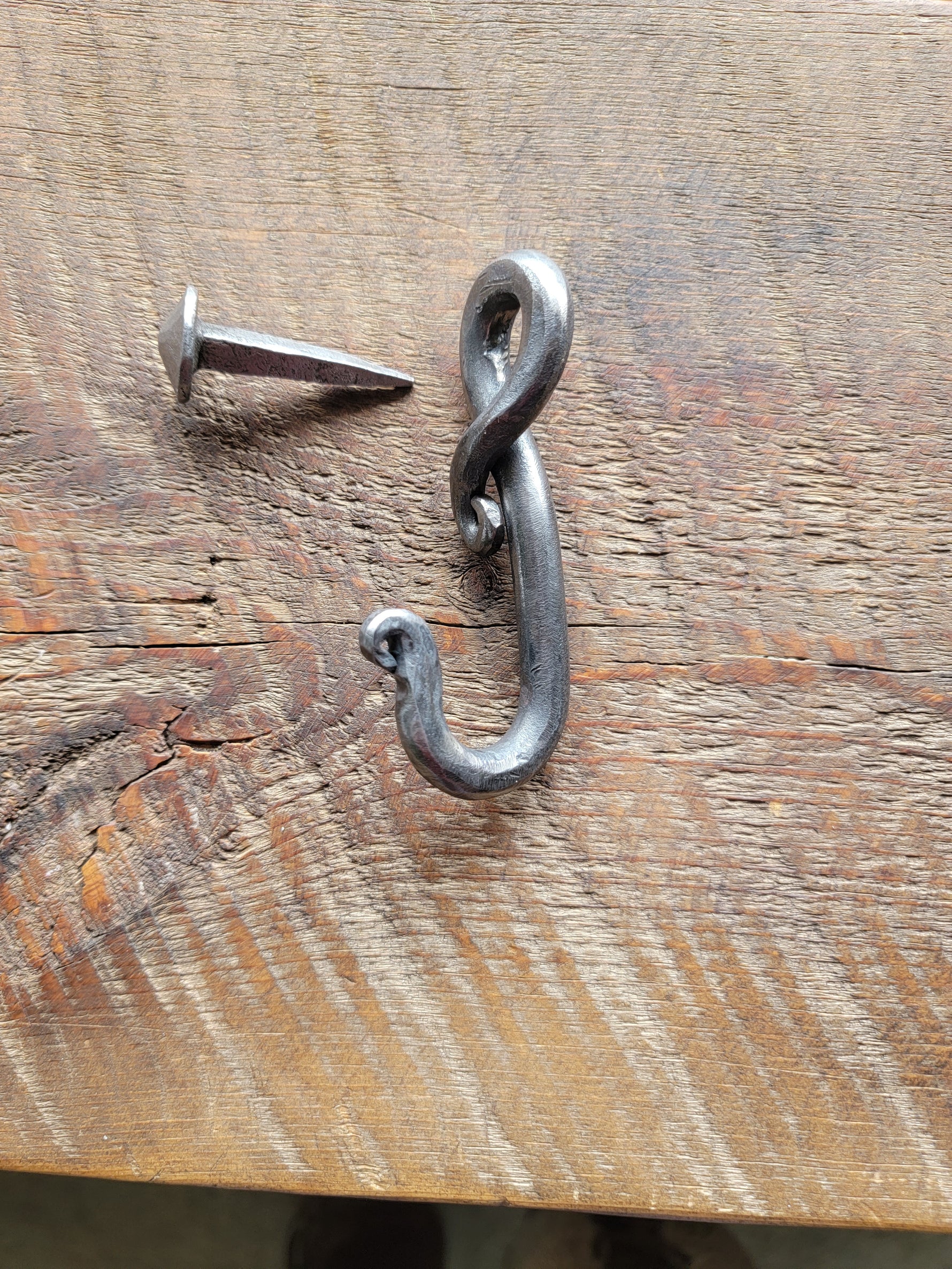 Hand Forged Iron Hook and Nail – Rustic Wrought Iron Wall Hook for Farmhouse Decor