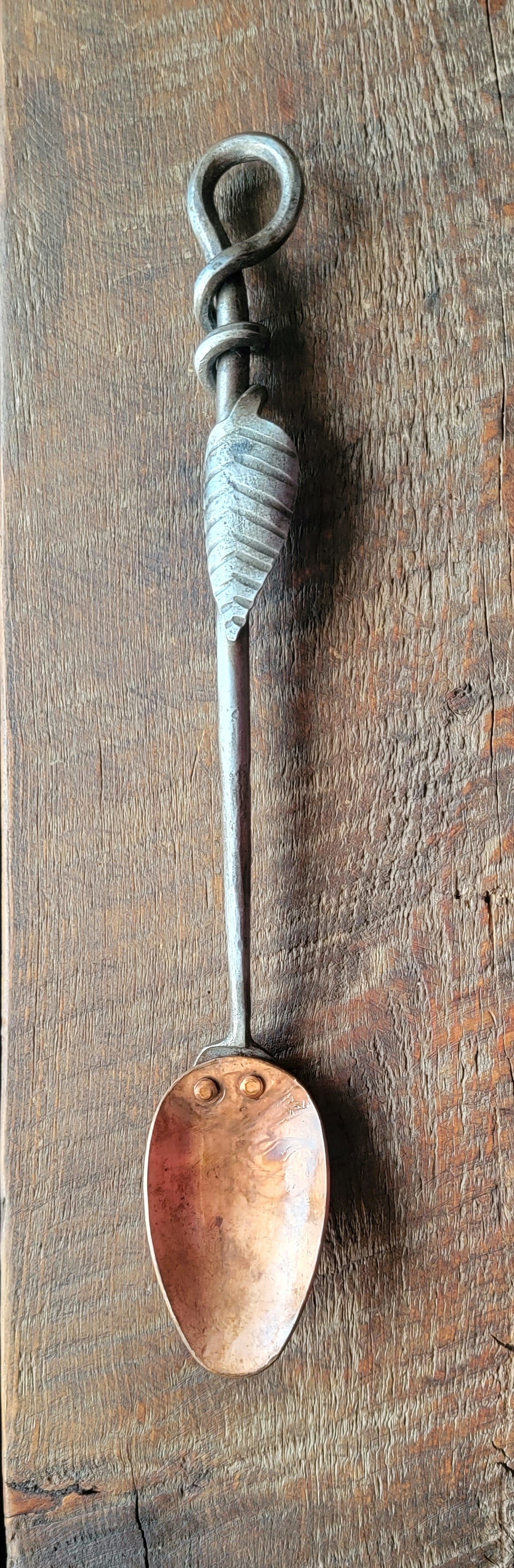 Hand Forged Solid Copper Serving Spoon With Steel Leaf Handle Slotted Spoons Kitchen Accessories