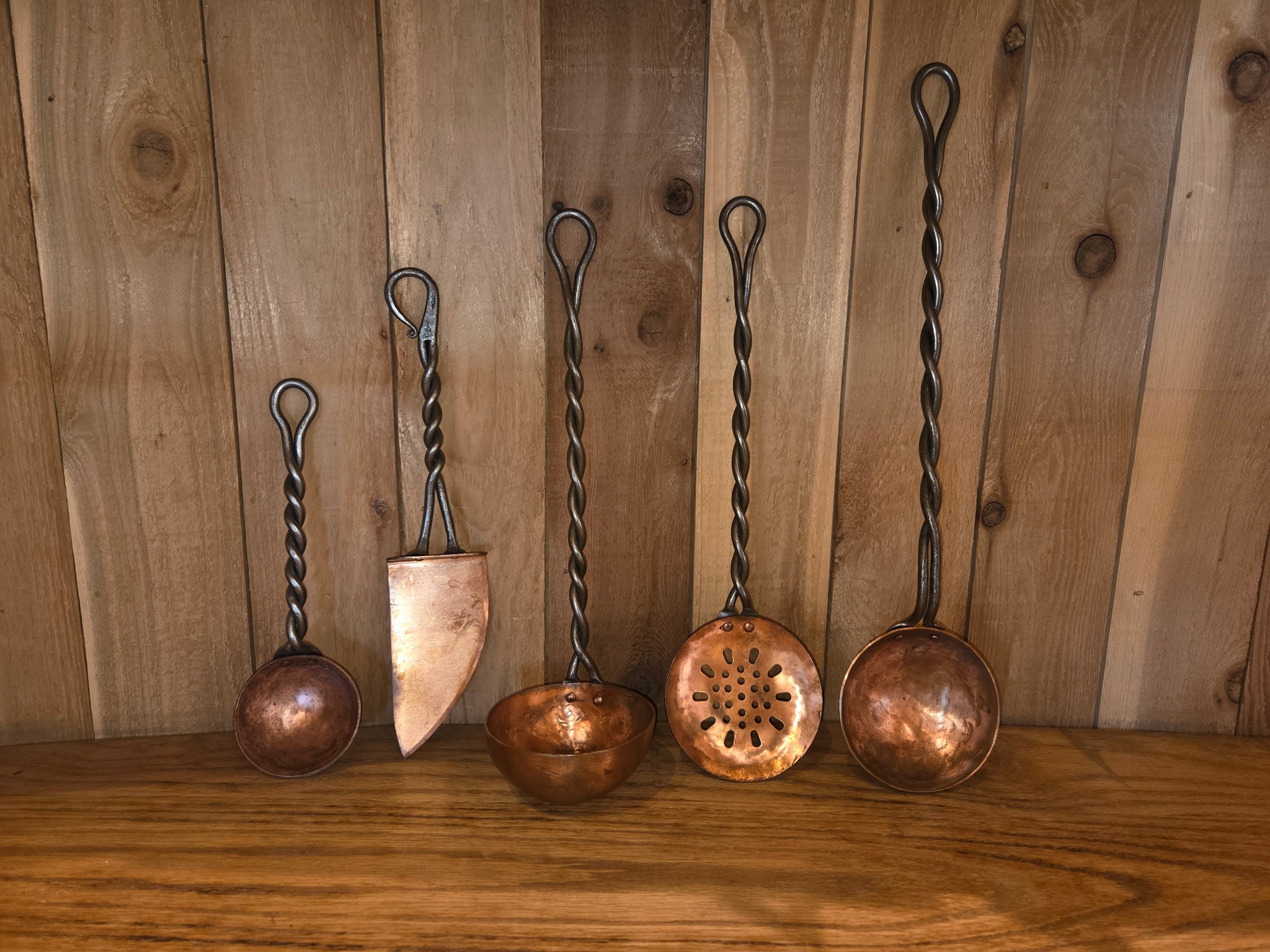 Copper Kitchen Utensil Set with Twisted Iron Handles