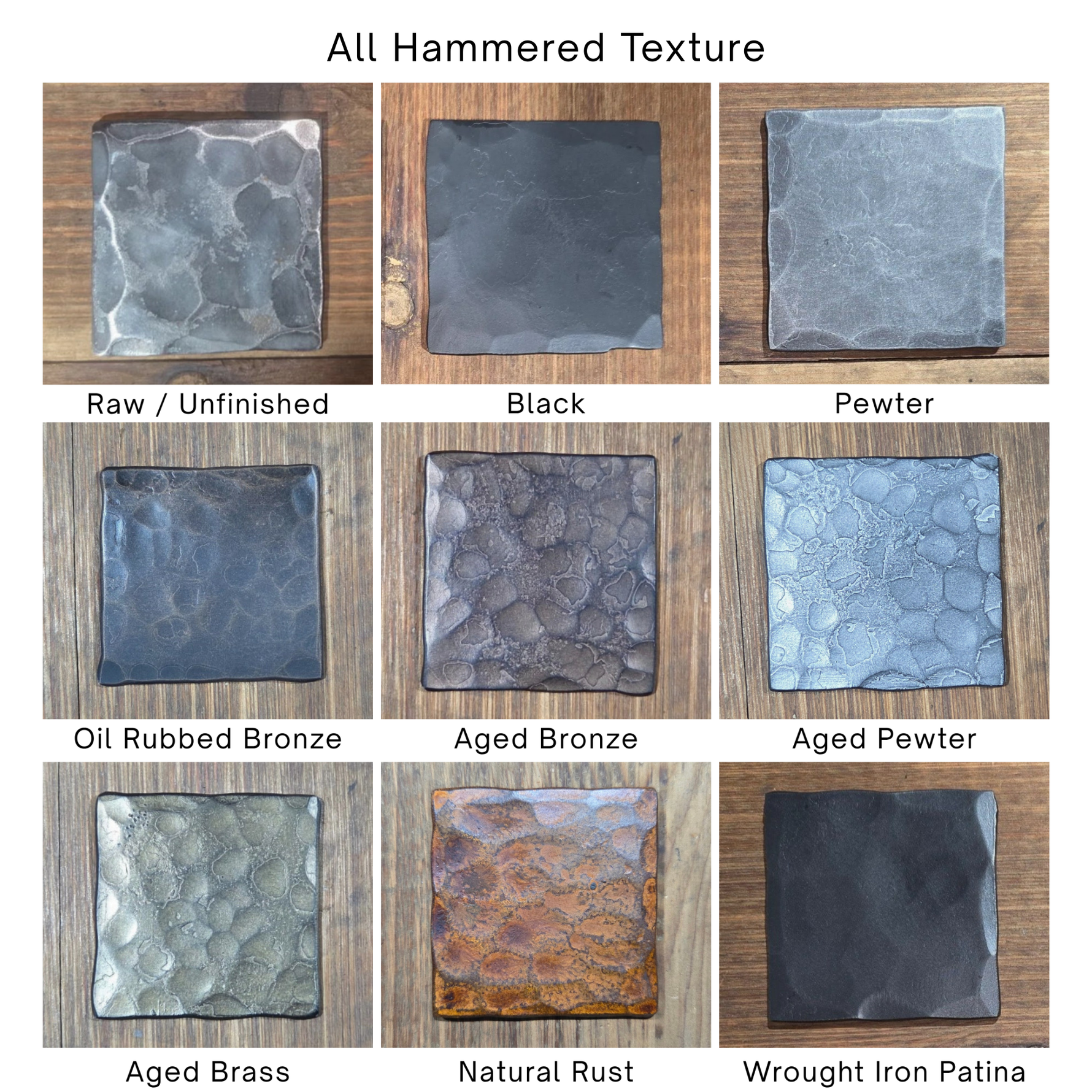 Collection of metal samples with various hammered textures on a wooden background