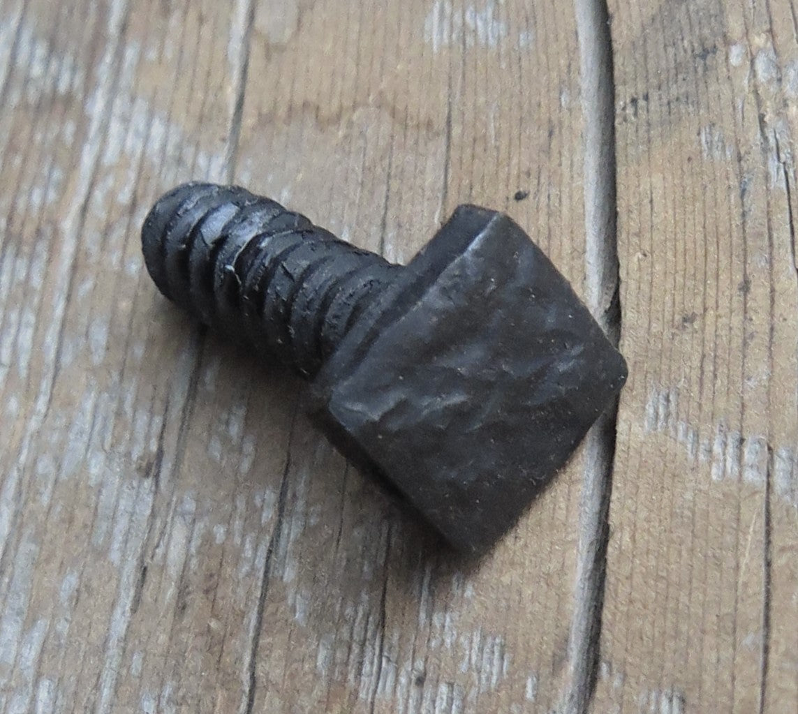 A black distressed textured square head lag in a piece of wood for the background showing the threads of the screw

