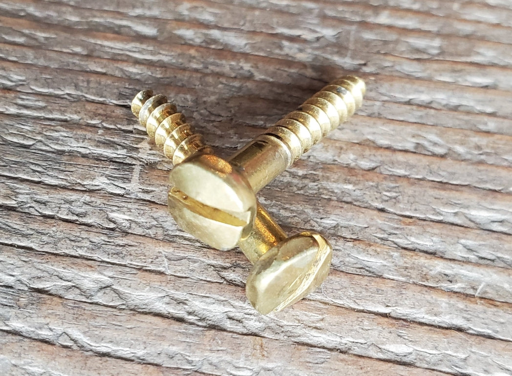 A gold-colored, hammered pyramid slotted head wood screw placed on a wooden surface.
