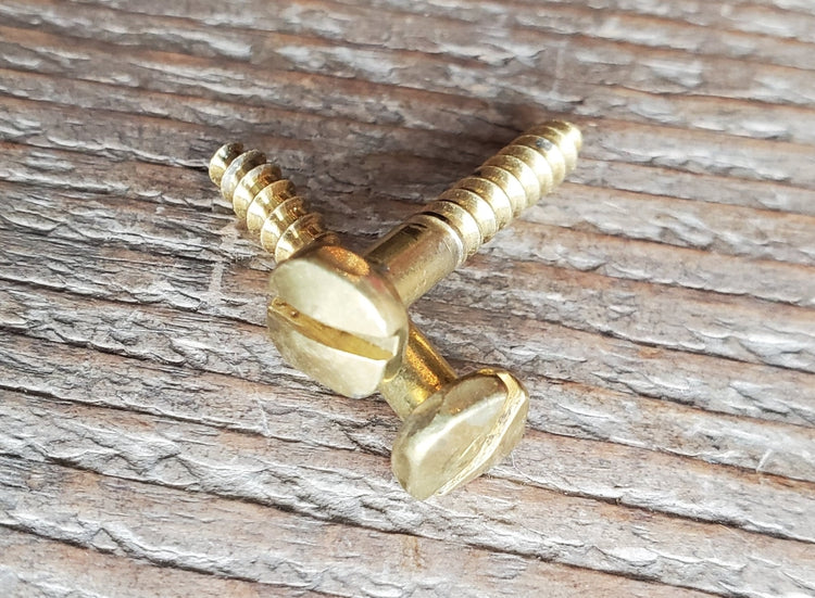 A gold-colored, hammered pyramid slotted head wood screw placed on a wooden surface.