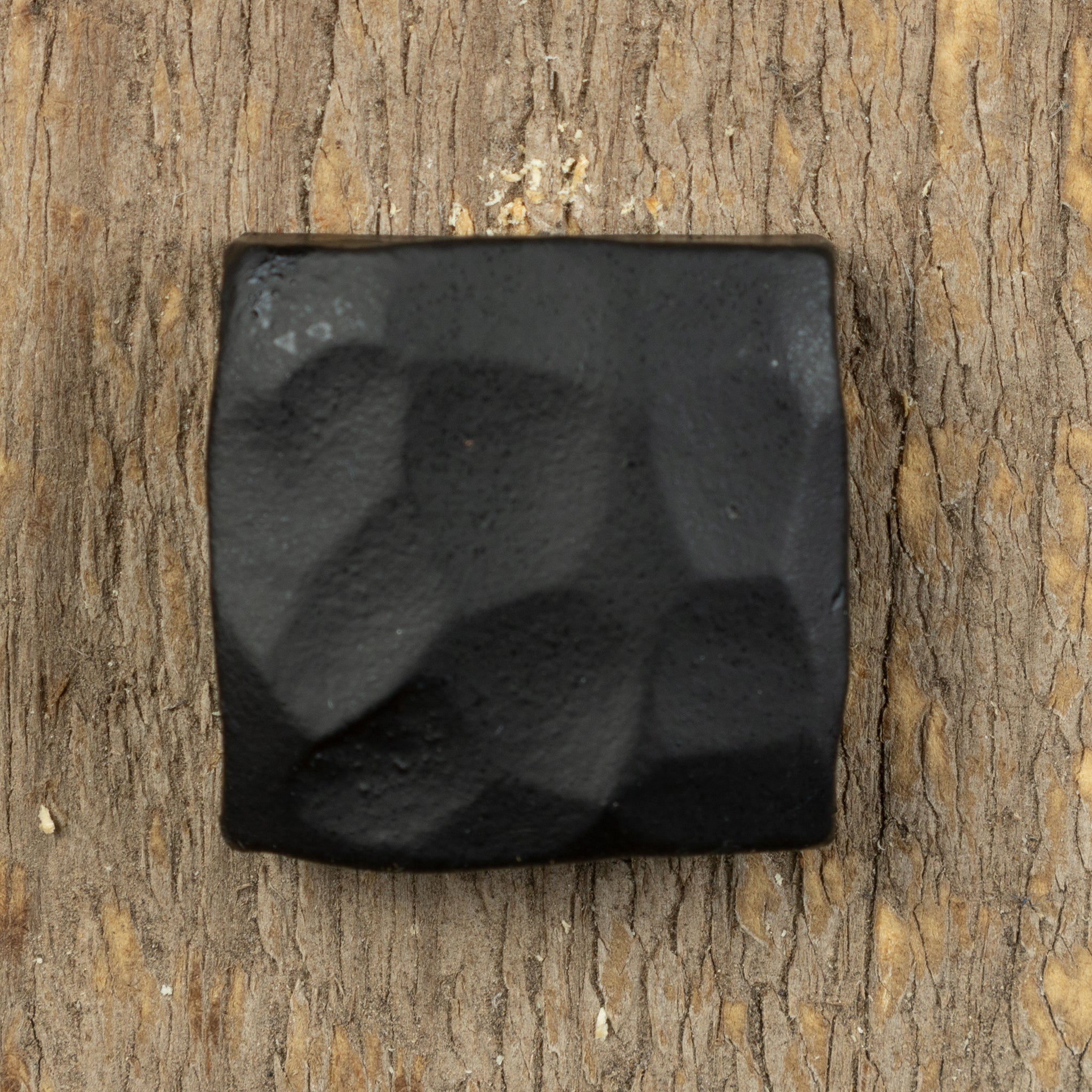 A square head bolt that has been hand hammered and painted black installed on a wood background.