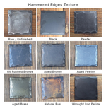 Collection of square tiles with hammered edges in various finishes on a wooden background.