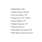 1/4" Dia Smooth Hex Head Lag