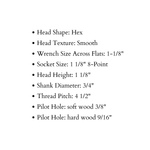 Tête hexagonale lisse de 3/4 po de diamètre