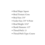 Boulon à tête carrée pyramidale de 1/2 po de diamètre