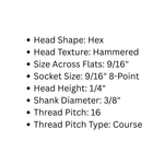 3/8" Dia. Hammered Hex Head Bolt