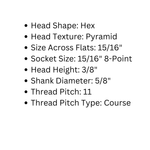 5/8"Dia. Smooth Hex Head Bolt