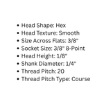 1/4" Dia. Smooth Hex Head Bolt