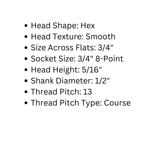 1/2" Dia. Smooth Hex Head Bolt