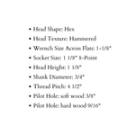 Tête hexagonale martelée de 3/4 po de diamètre