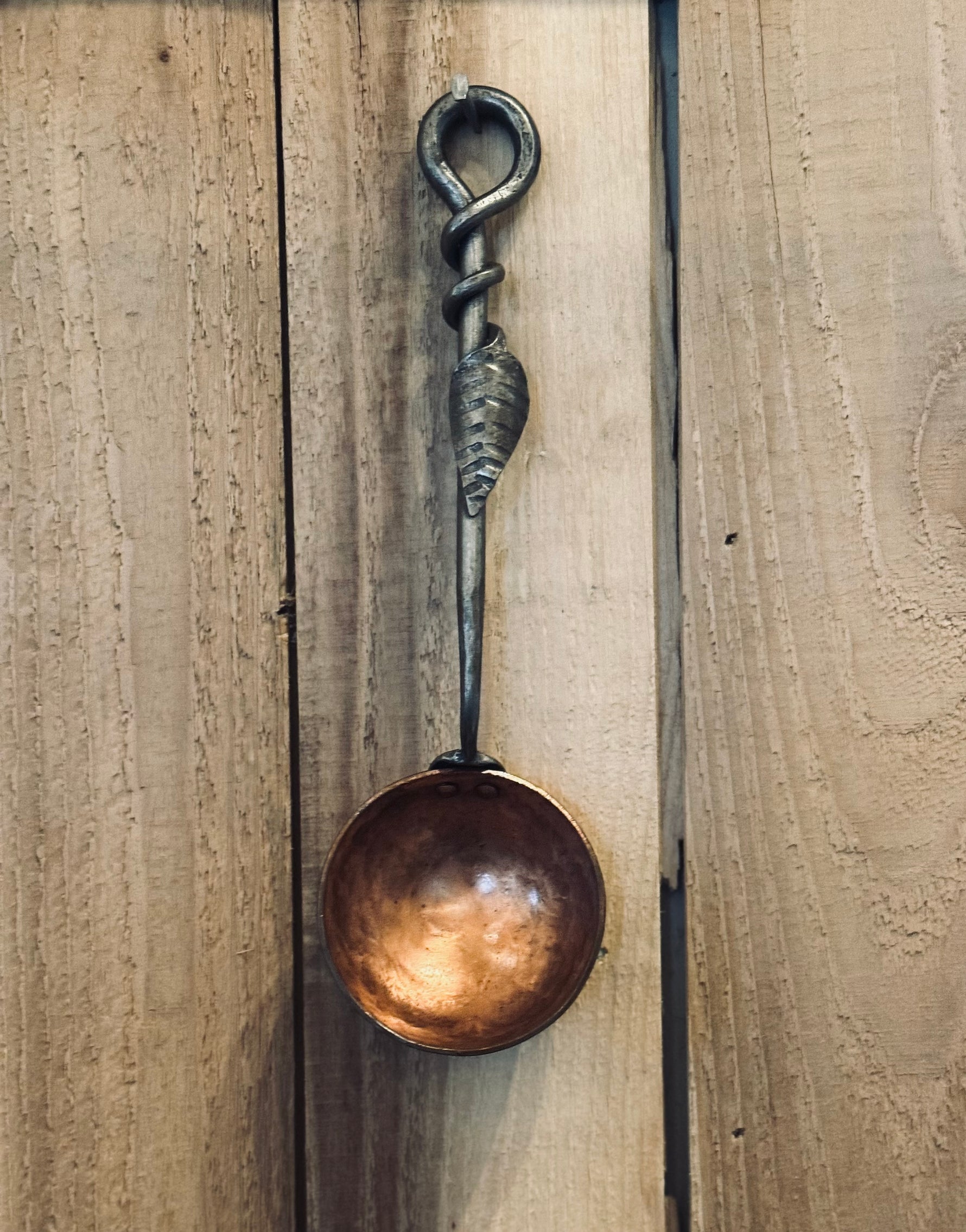 Hand Forged Solid Copper Egg Spoon With Steel Leaf Handle - Small Kitchen Accessories