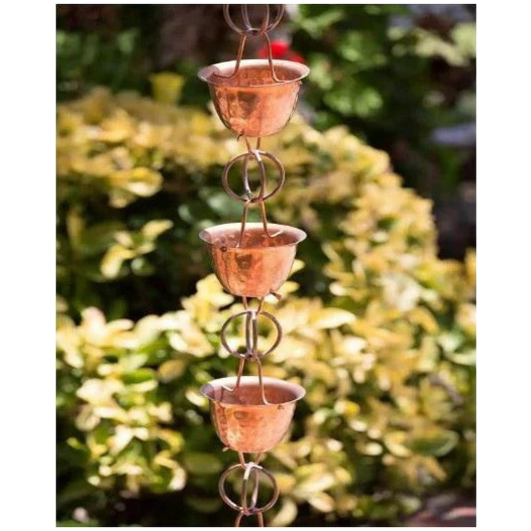 Solid Copper Hammered Rain Chain Cups 8.5 ft Long