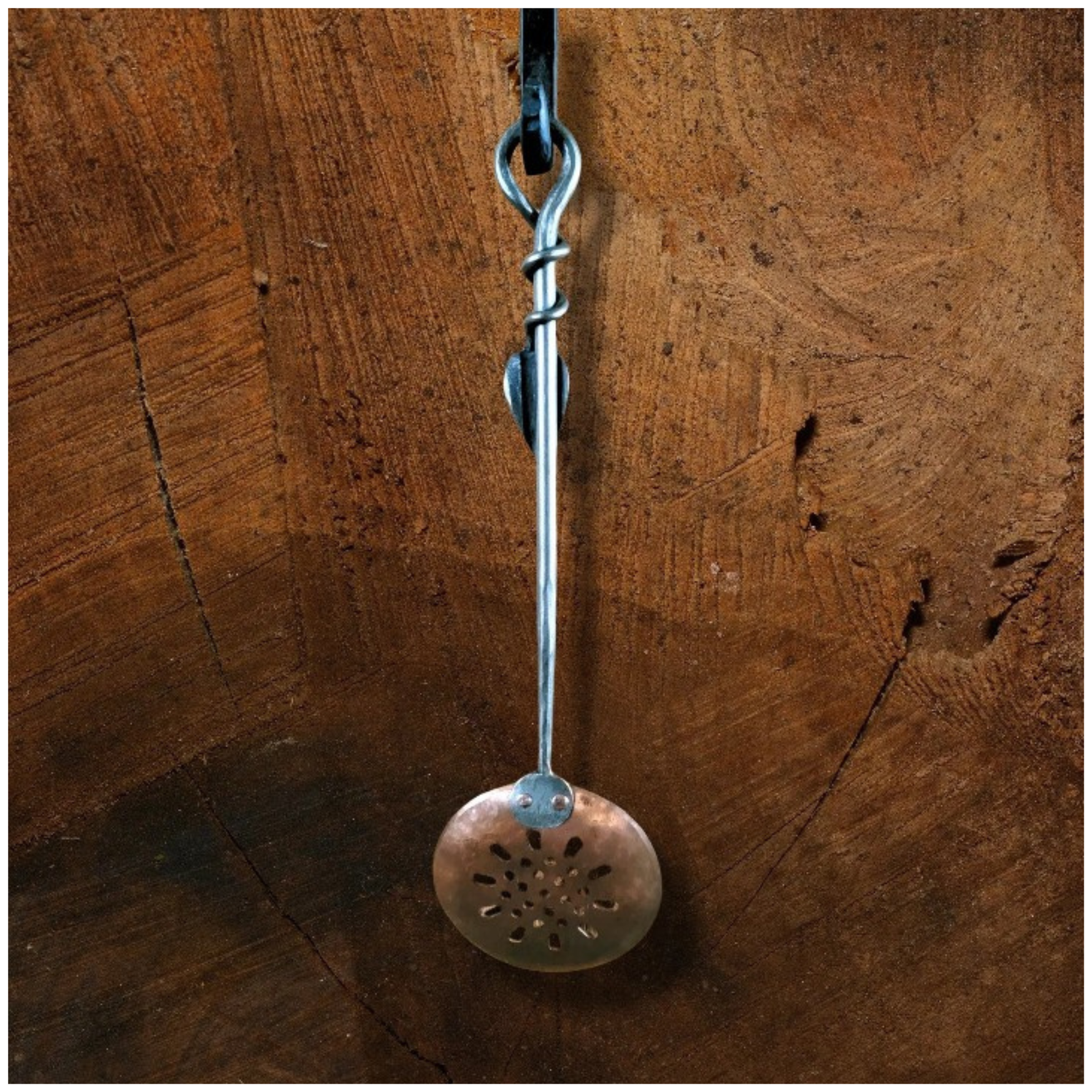 Hand Forged Copper Slotted Spoon With Steel Leaf Handle