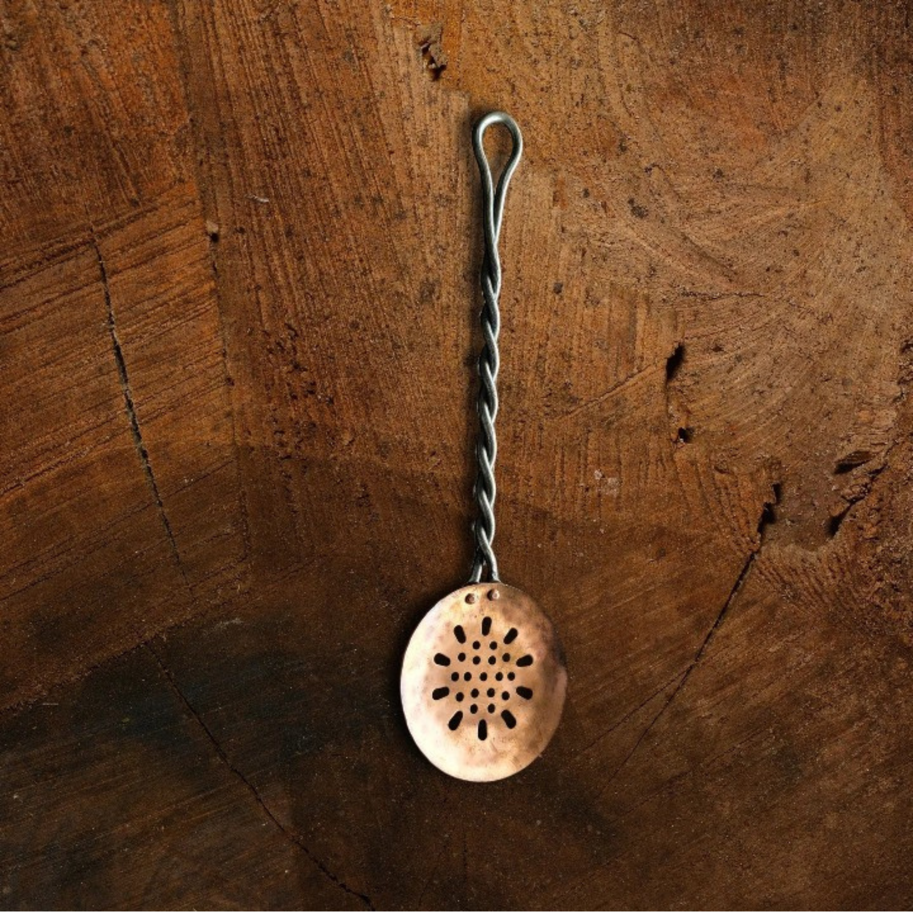 Hand Forged Twisted Iron and Copper Slotted Spoon