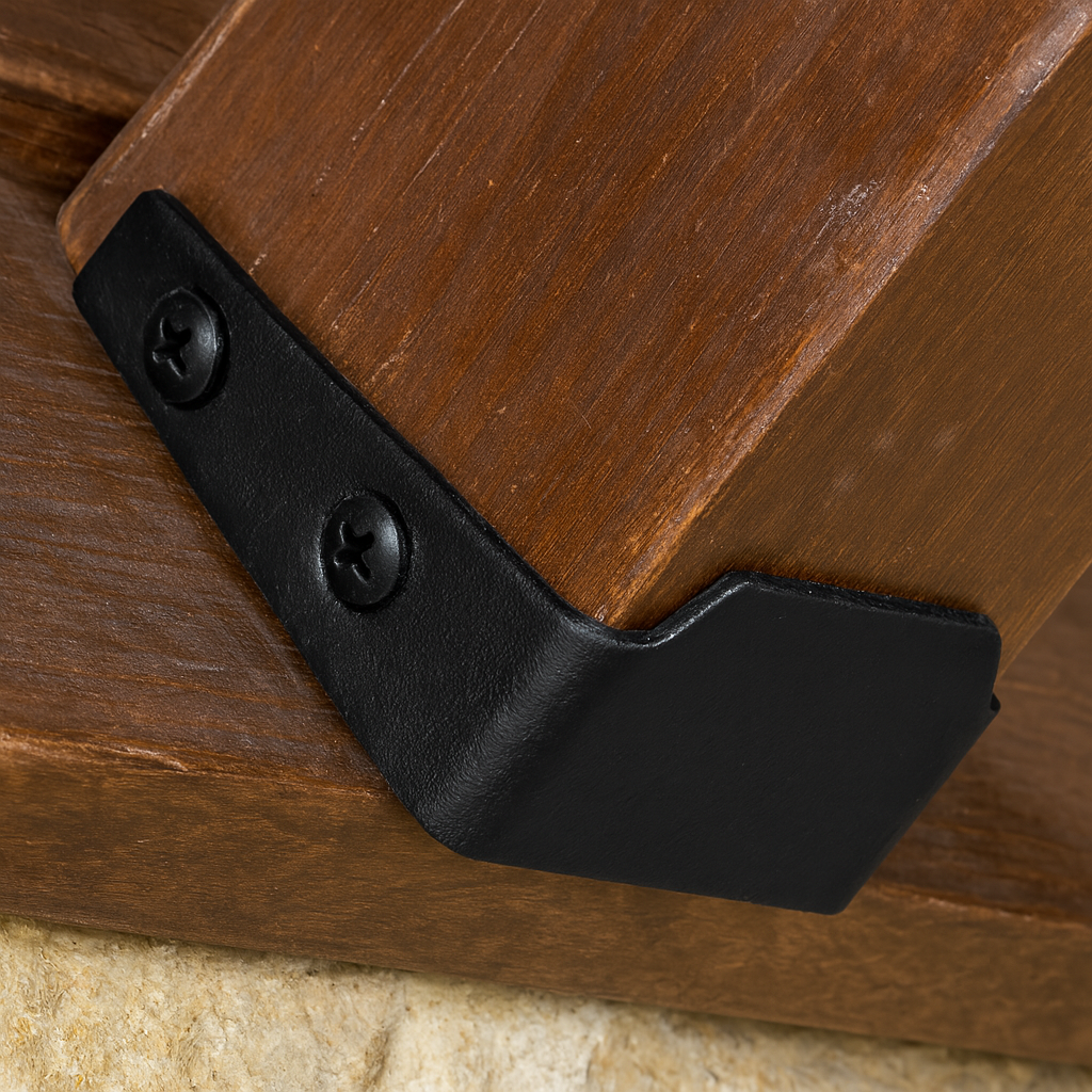 Close-up of a wooden surface with a black metal bracket attached, this is a wood construction tie, can be used as deck joist