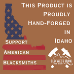 Product advertisement with Idaho map, American flag design, and text about supporting American blacksmiths.