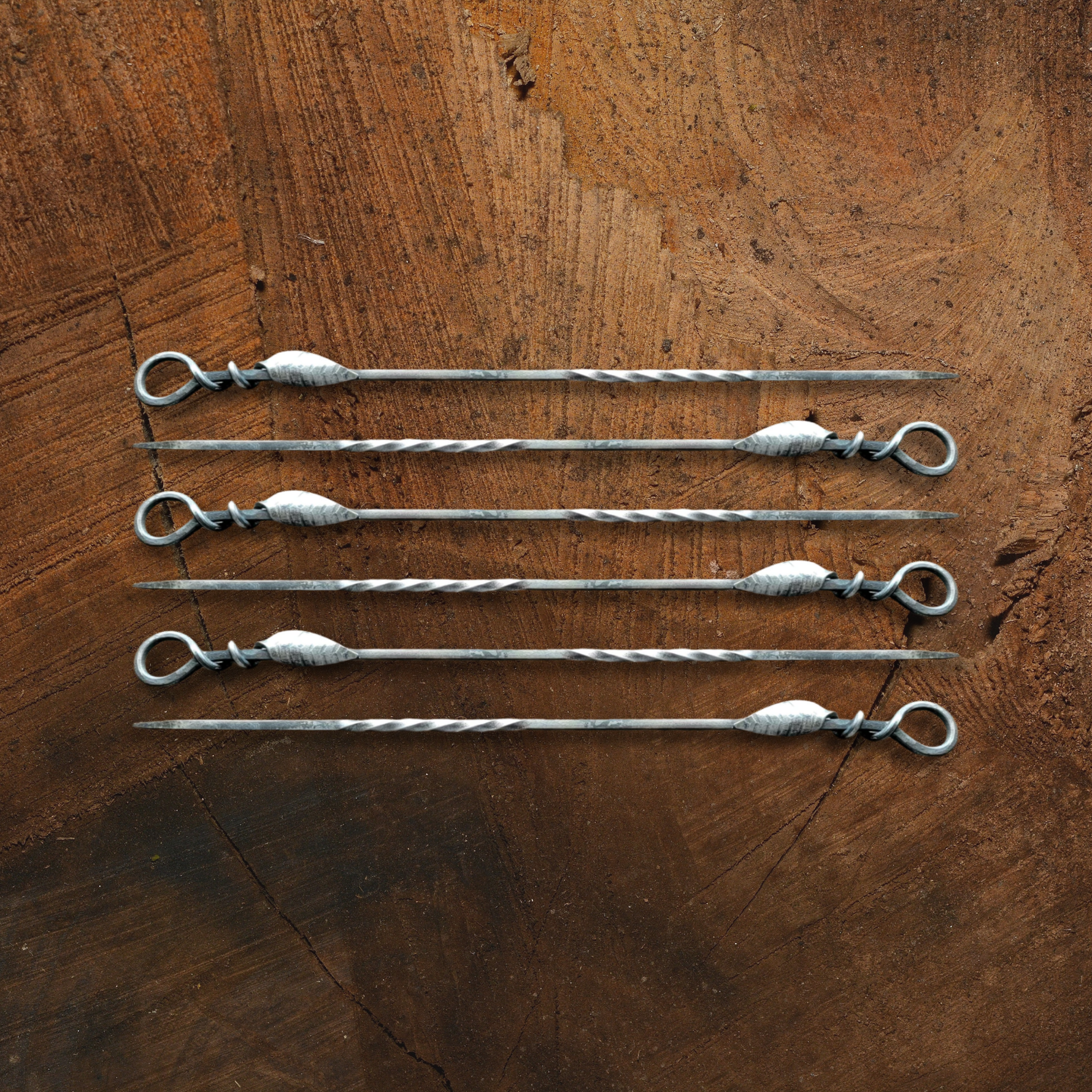 Set of Six Hand Forged Steel Kabob Skewers With Leaf Handles
