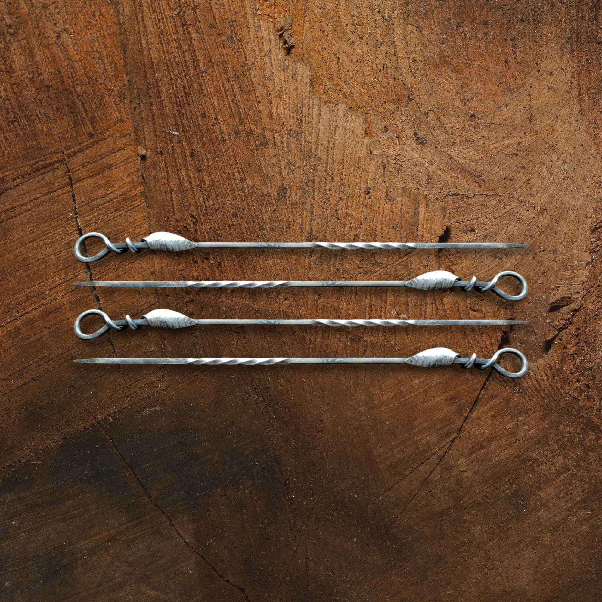 Set of Four Hand Forged Steel Kabob Skewers With Leaf Handles