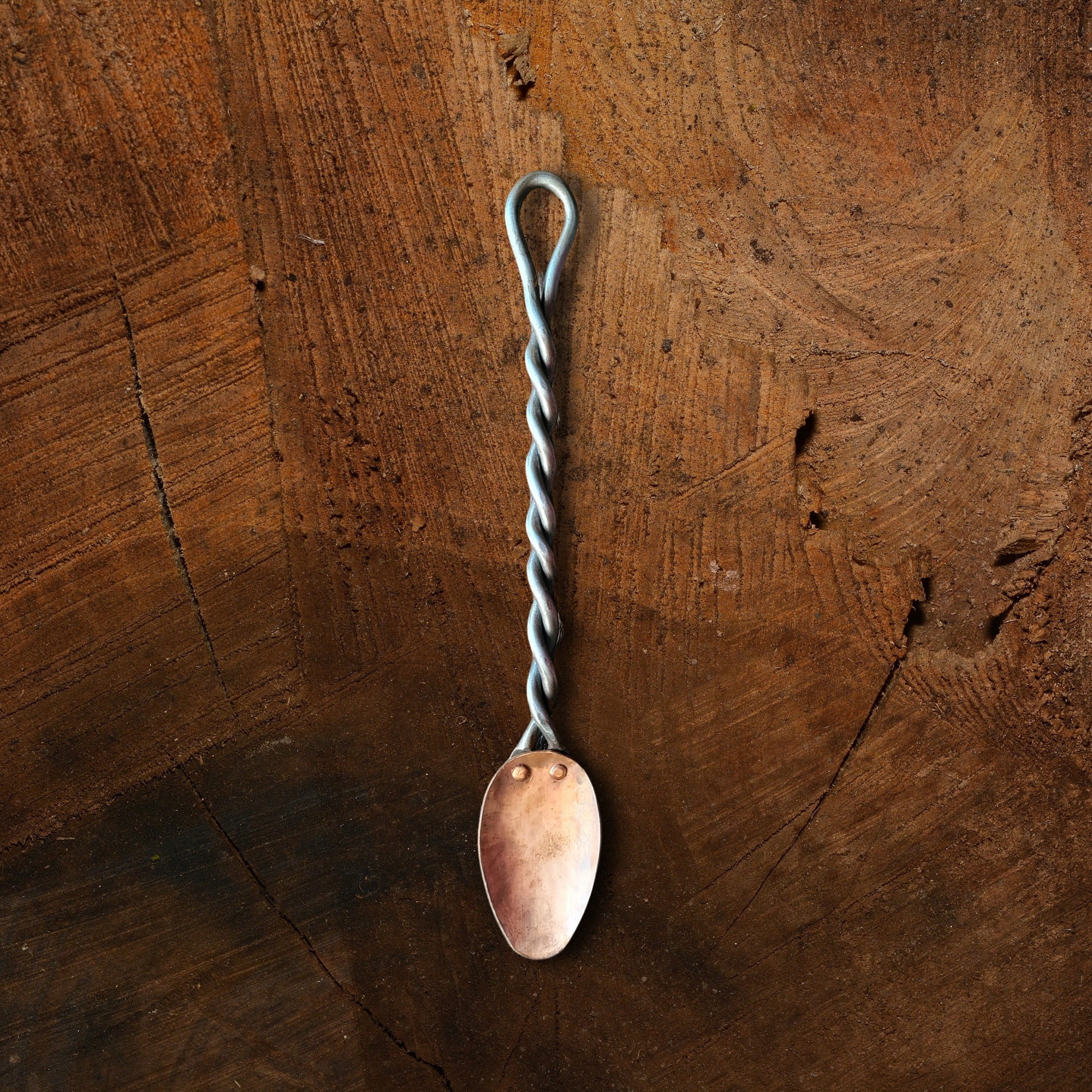 Hand Forged Twisted Steel and Solid Copper Serving Spoon