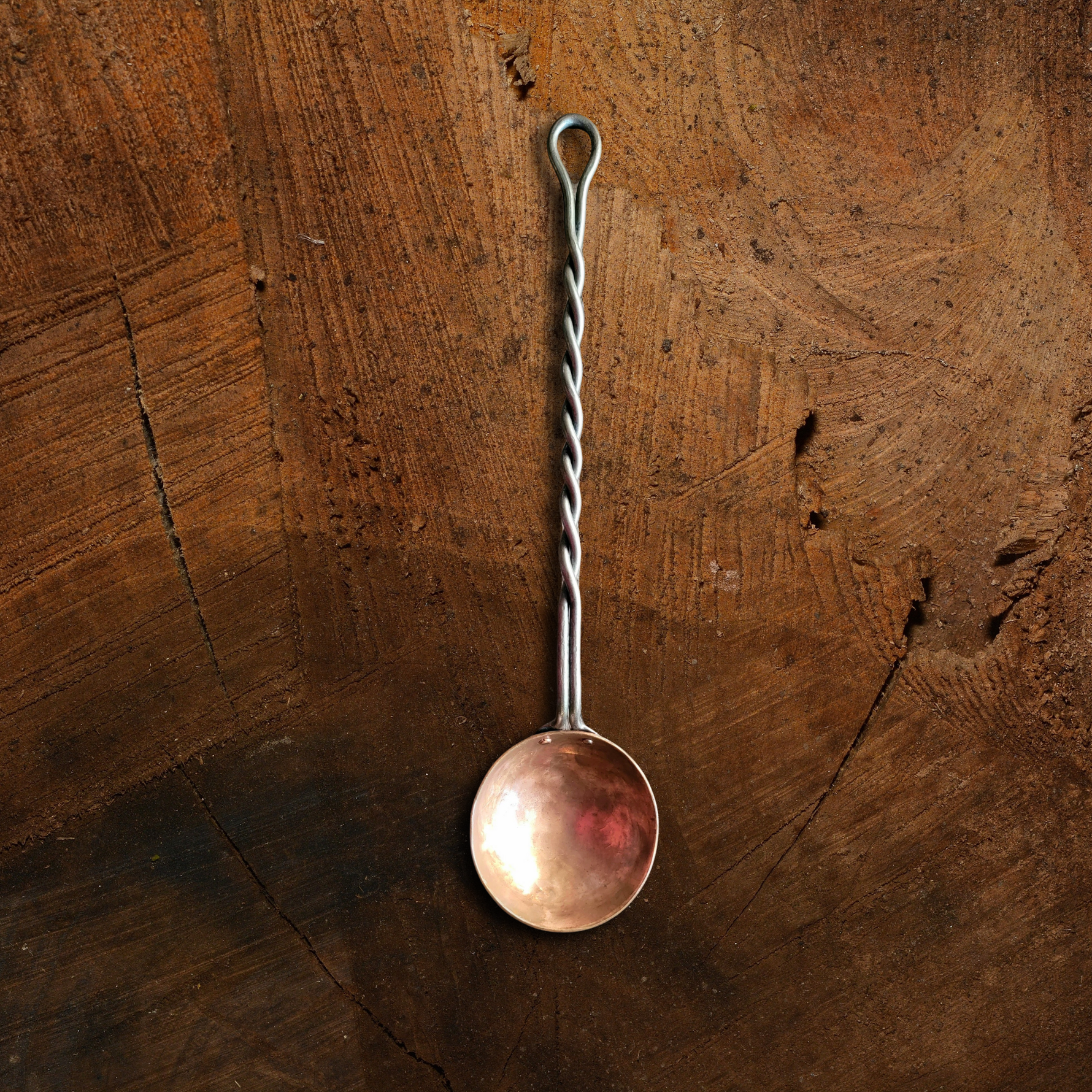 Hand Forged Twisted Steel and Solid Copper Egg Spoon