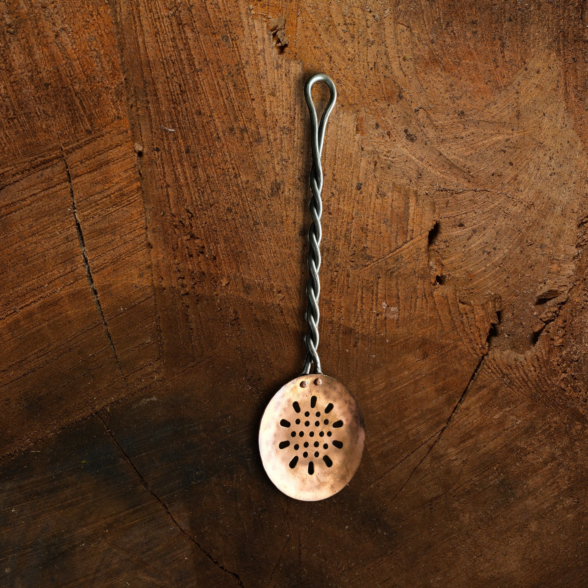 Hand Forged Twisted Iron and Copper Slotted Spoon