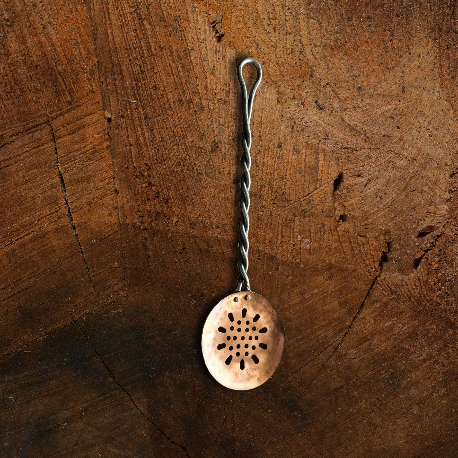 Hand Forged Twisted Iron and Copper Slotted Spoon