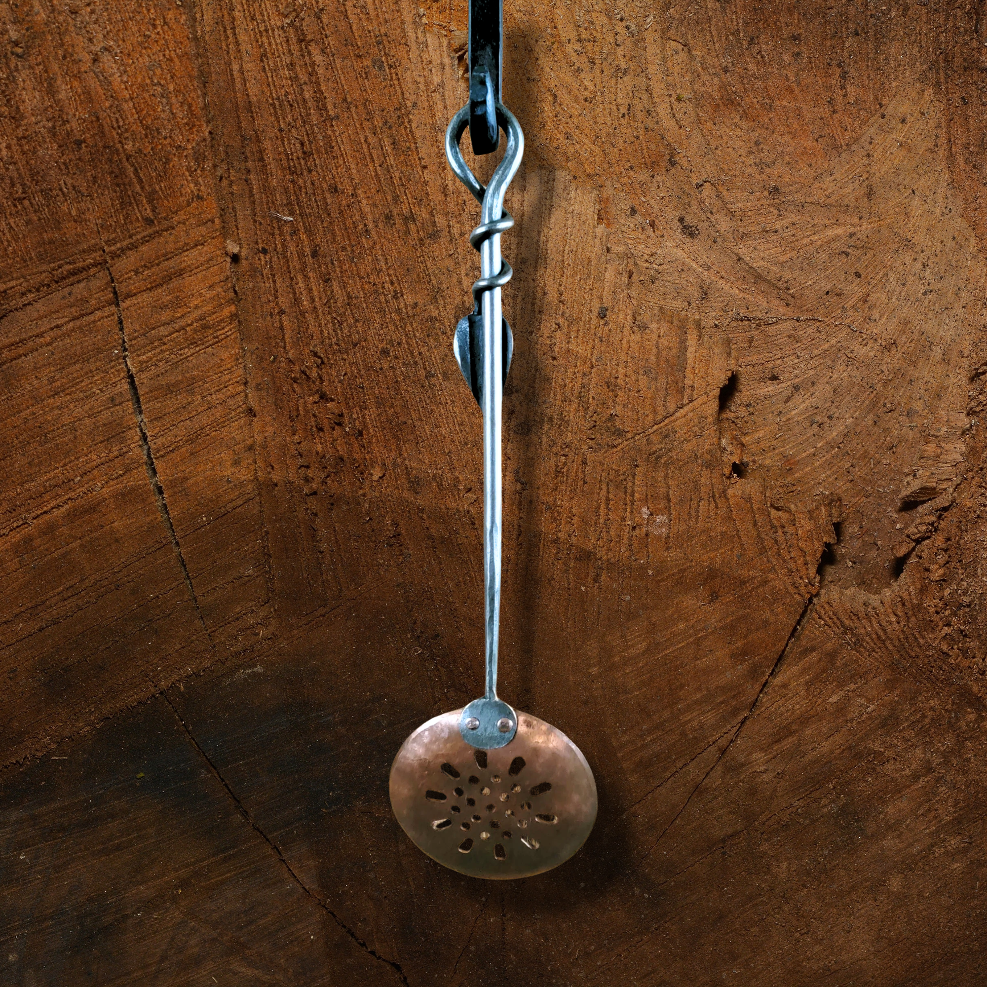 Hand Forged Copper Slotted Spoon With Steel Leaf Handle