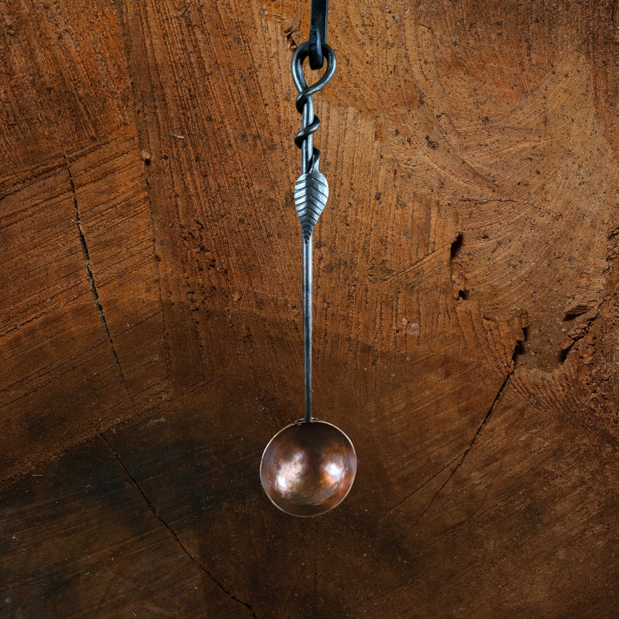 Hand Forged Solid Copper Egg Spoon With Steel Leaf Handle