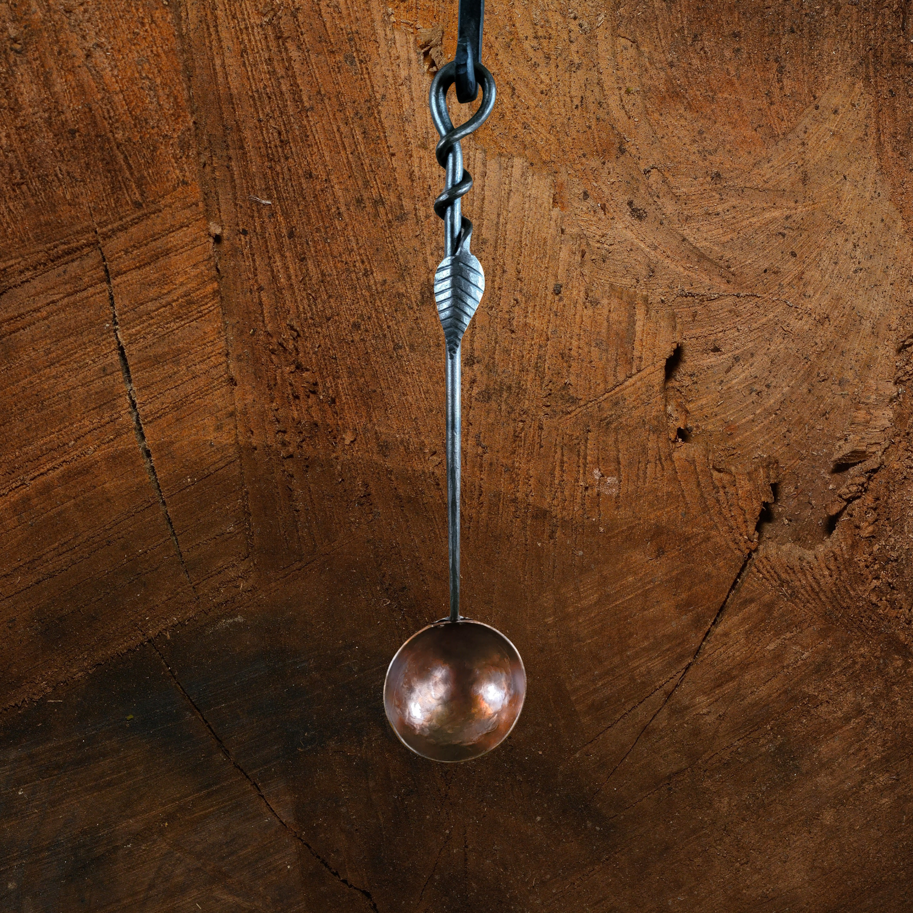 Hand Forged Solid Copper Egg Spoon With Steel Leaf Handle