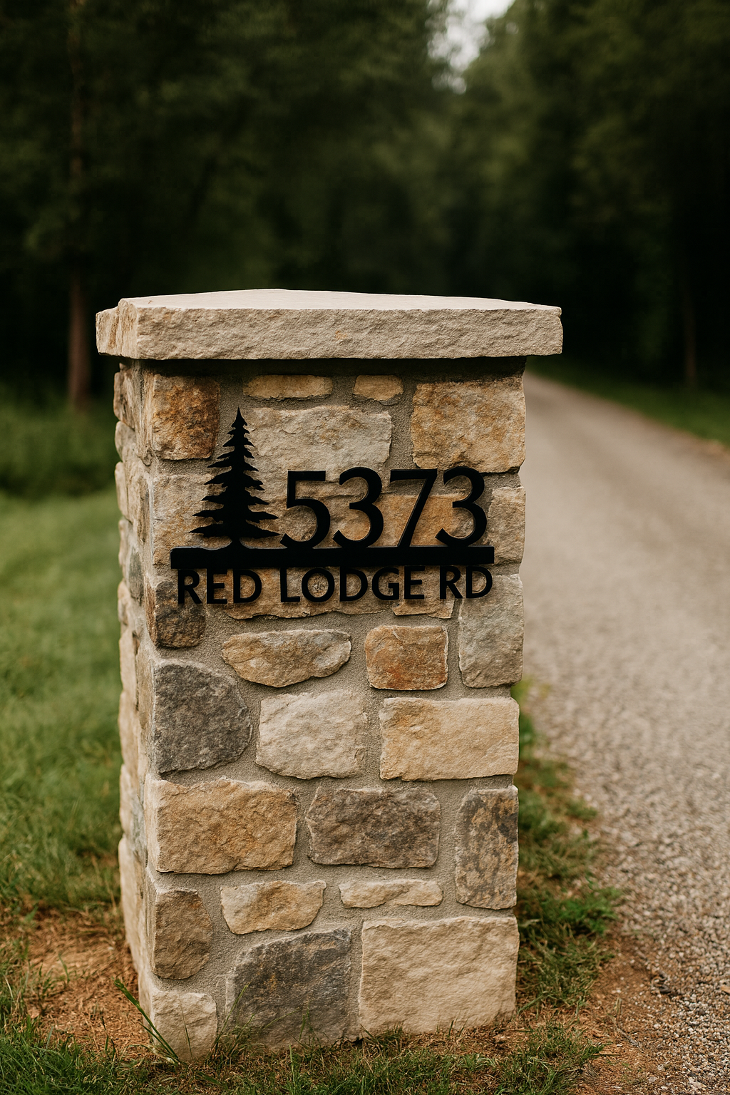 Stone pillar with address number and name on a road surrounded by trees