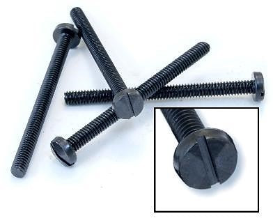 A set of black slotted machine screws with round heads, displayed against a white background.