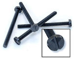A set of black slotted machine screws with round heads, displayed against a white background.