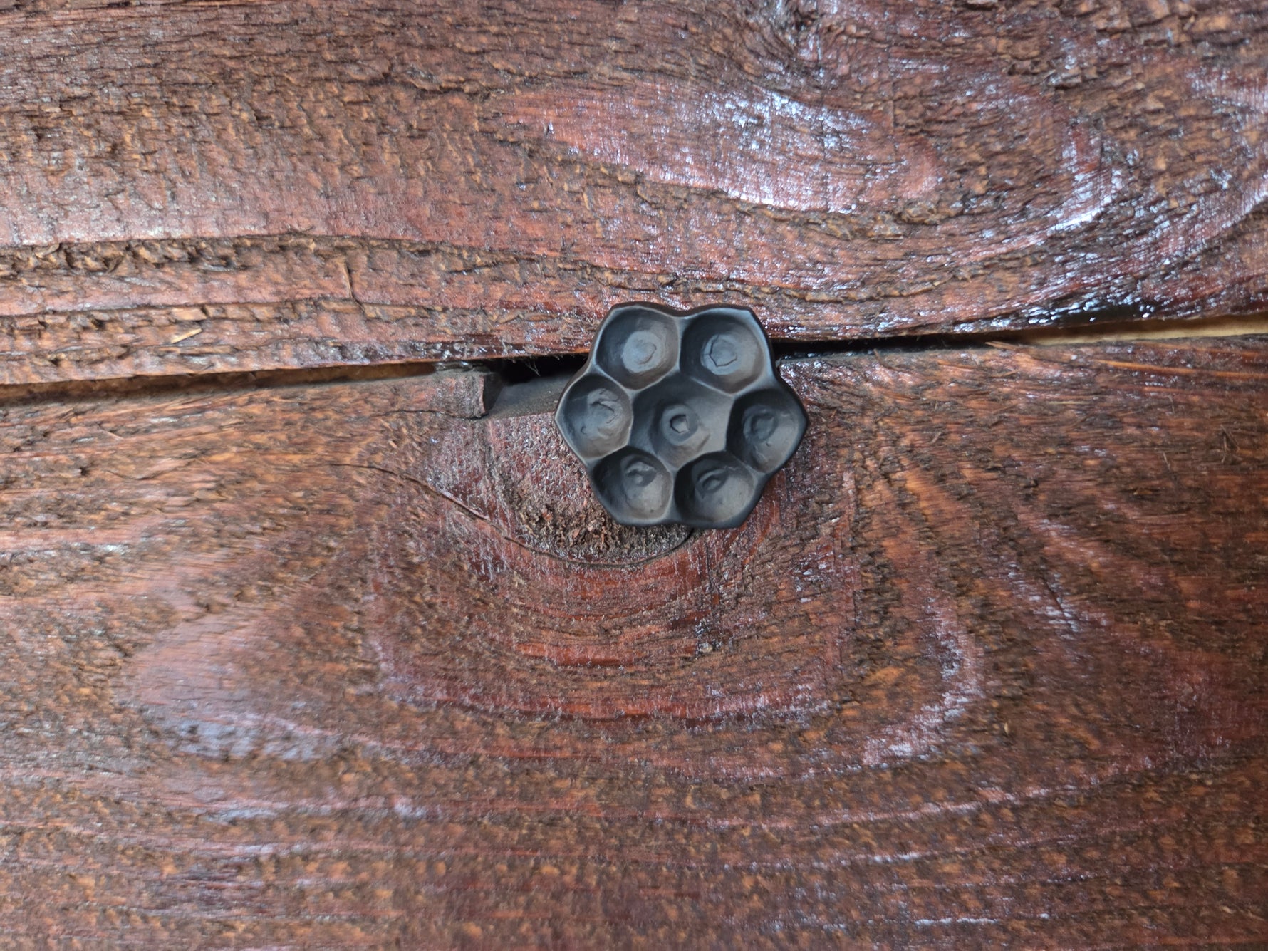 our hand hammered flower head lag screw installed on dark barnwood