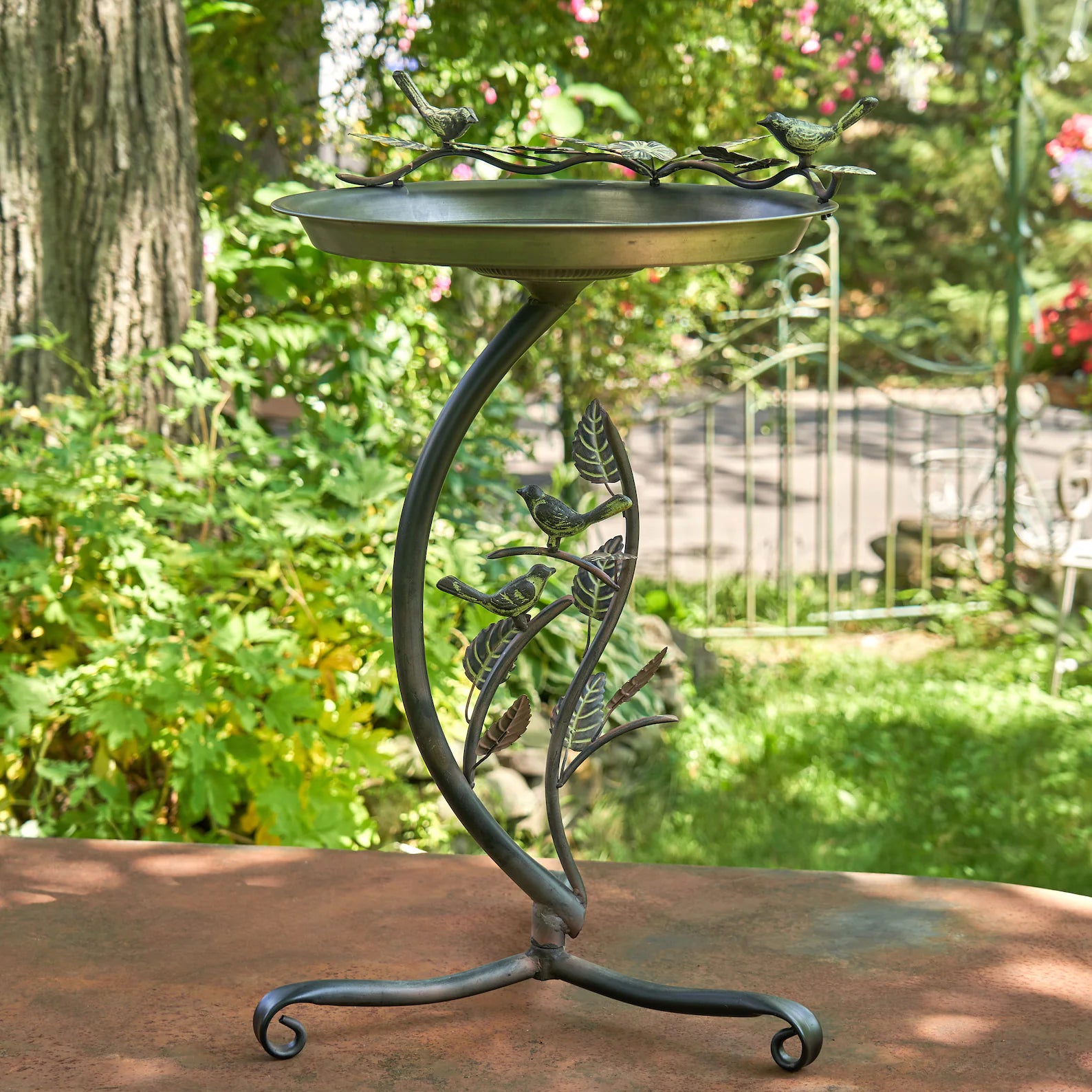 Shallow Galvanized Birdbath on branch Stand