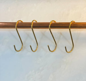 Solid Brass S Hooks 3”, Pot Rack Hooks, Utility Hooks - single