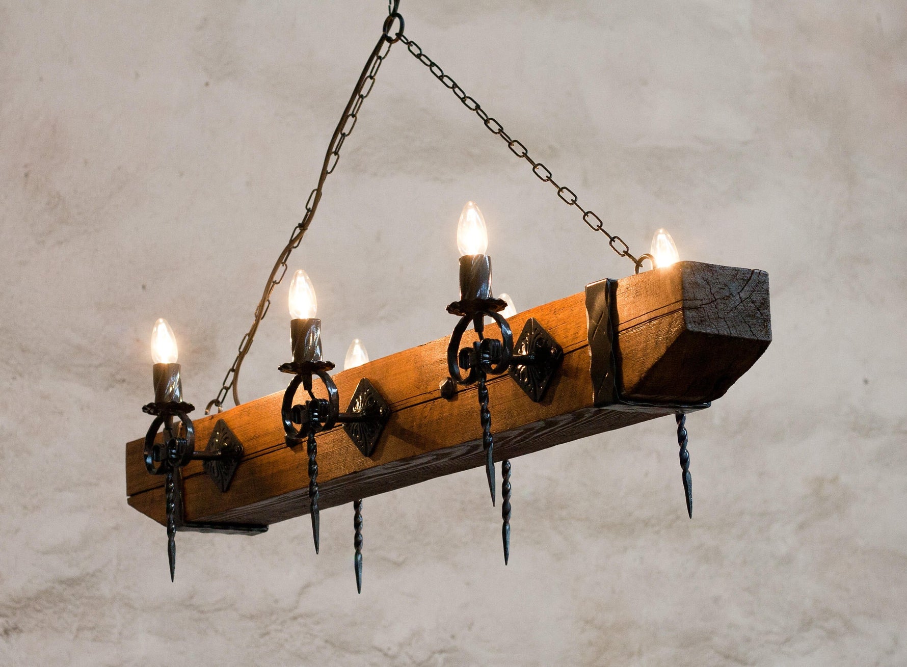 Castle Wood beam and wrought iron chandelier Lighting Lighting