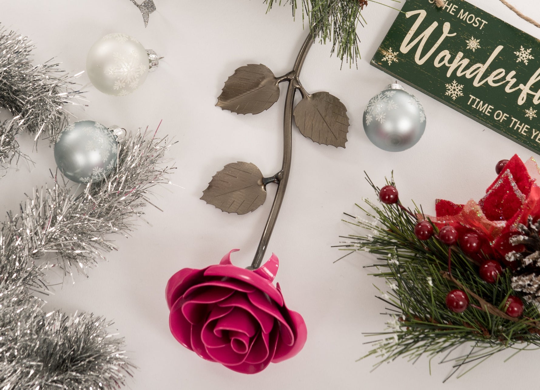 Hand-Forged Wrought Iron Pink Metal Rose Uncategorized Gift